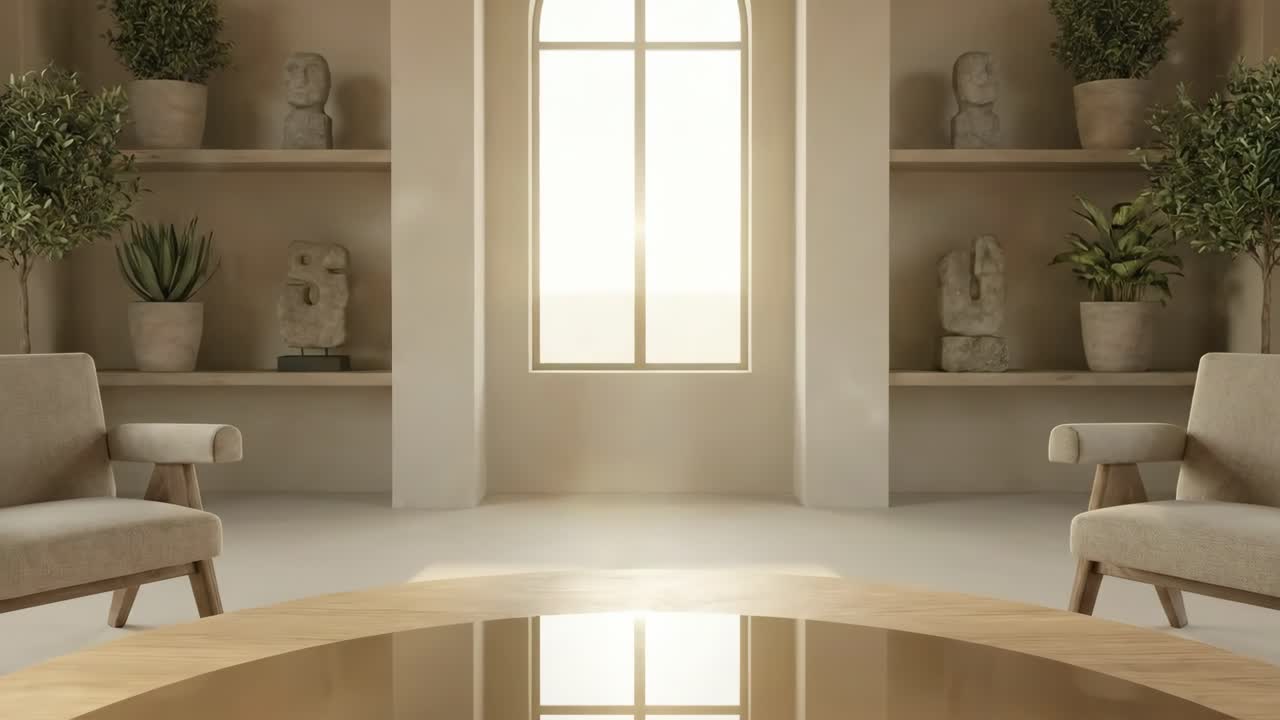 Stanza interna minimalista con finestra ad arco e arredamento neutro