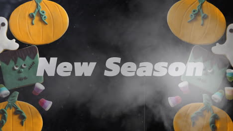 new season text animation over halloween-themed decorations with pumpkins and candy