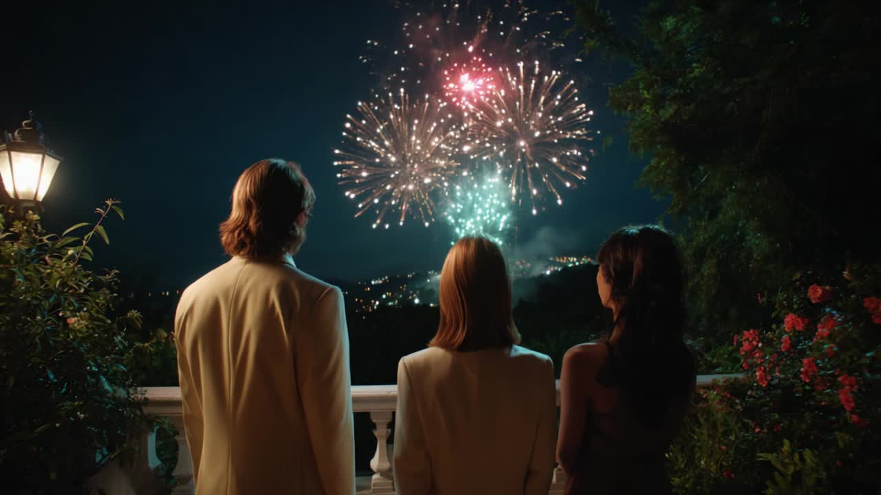 A breathtaking celebration unfolds in the night sky as three friends stand together, captivated by a dazzling fireworks display illuminating the dark, creating a memorable moment of joy and wonder