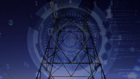 power line tower and futuristic circles with binary codes