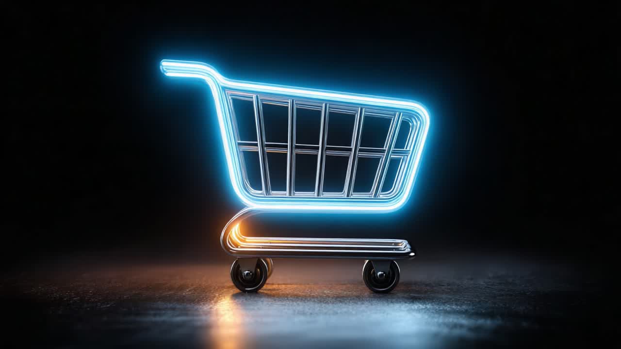 A Stunning Neon Shopping Cart Glows in a Dark Environment, Highlighting the World of E-Commerce and Modern Retail Trends with a Futuristic Design Perspective