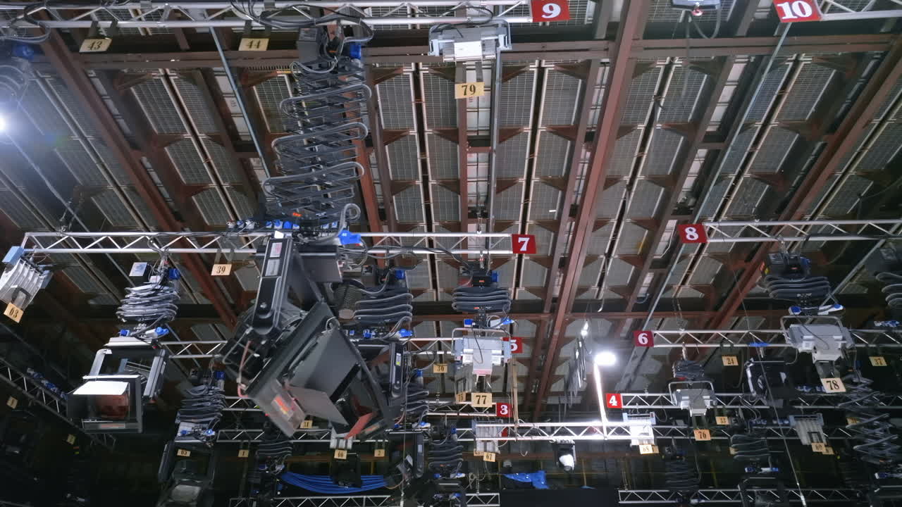 Studio lights equipment on the ceiling of a TV set