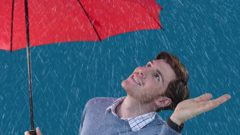 animation of a caucasian man using an umbrella, checking if its raining