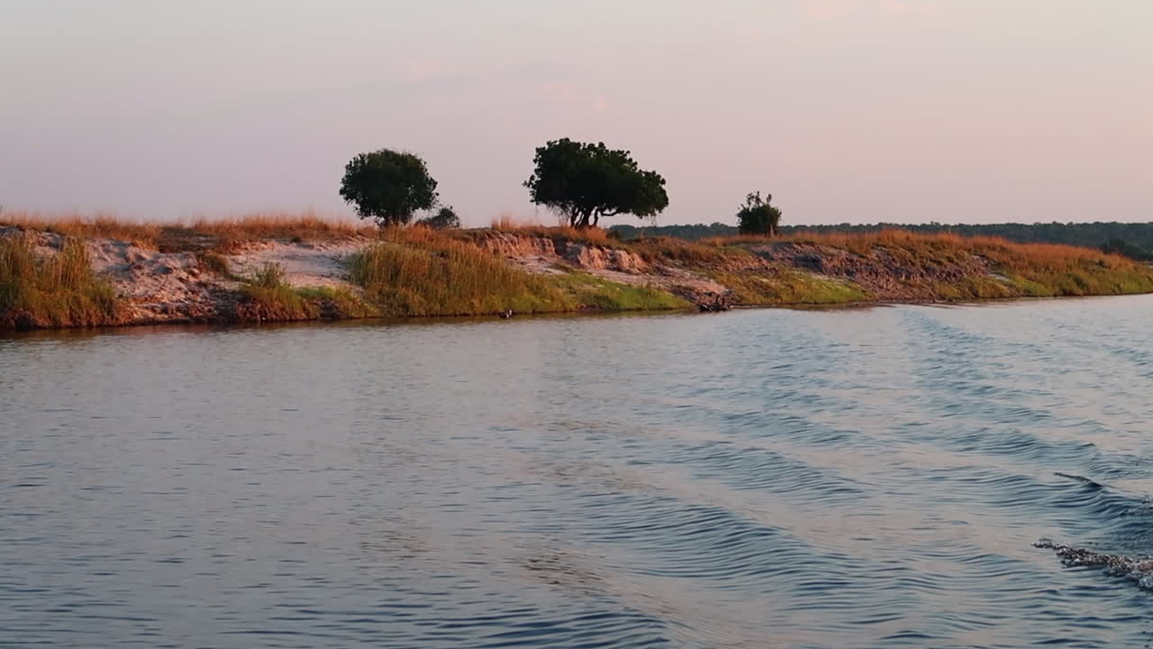 un crucero en barco por el lado namibio del río zambezi en verano en la región de caprivi strip-zambezi al atardecer