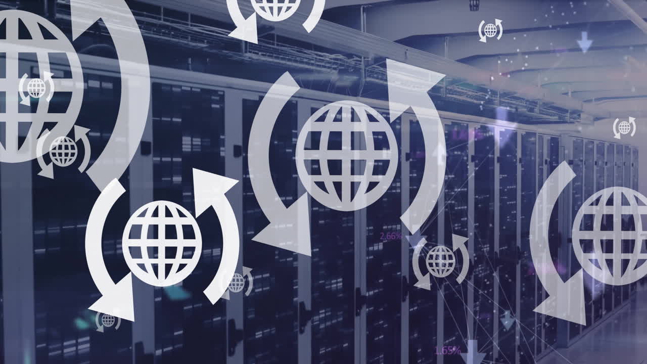 Animation of globes and data processing over computer servers