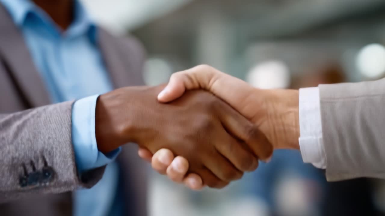 Business Deal and Collaboration: Two Hands Shaking to Signify Agreement, Trust, and Partnership in an Office Environment