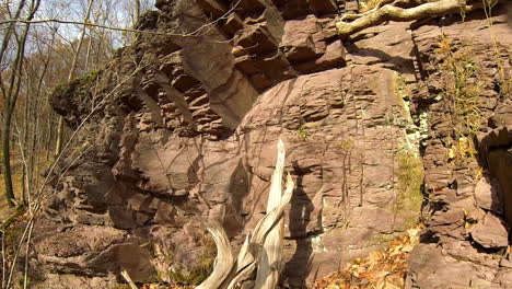 Schwenk-über-Eine-Felsformation-Mit-Wurzeln-Und-Bemoostem-Holz