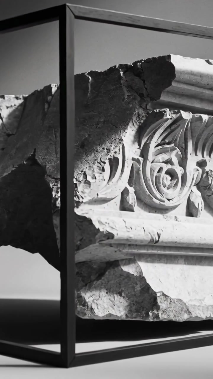 Vídeo vertical: Câmera deslizando revelando fragmento em museu em moldura de metal, destacando roseta.