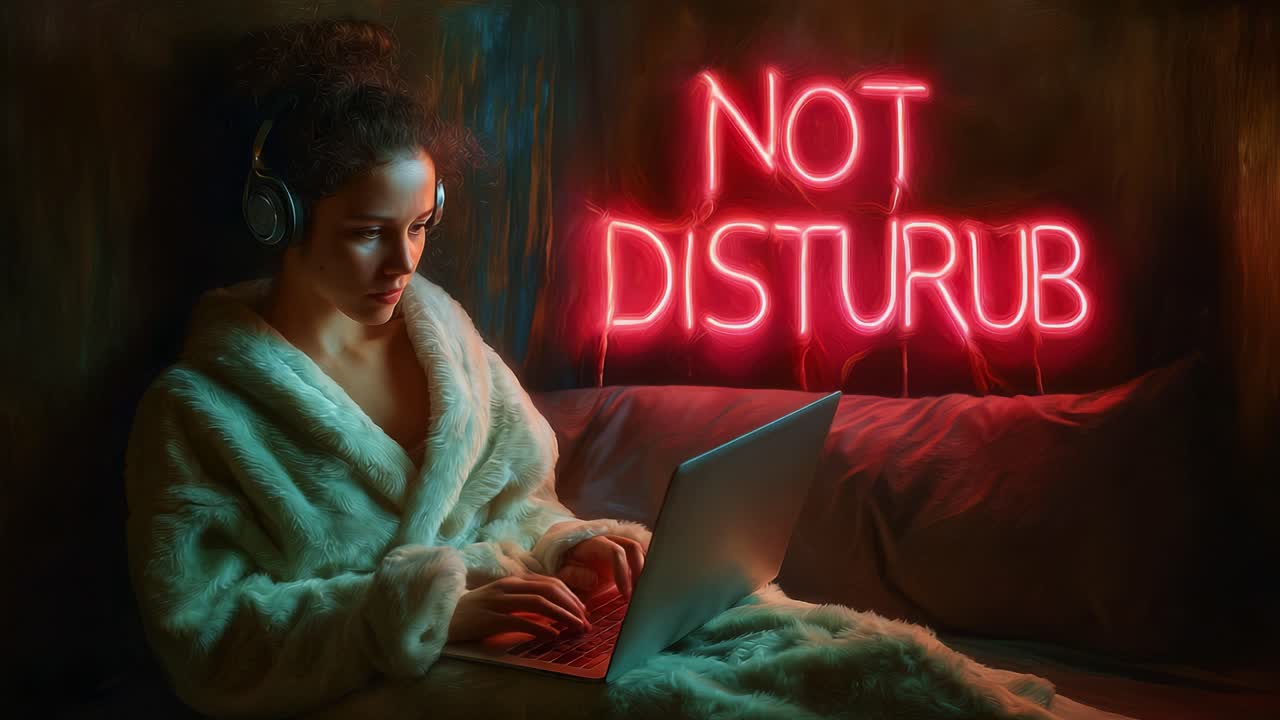Cozy Relaxation: A Young Woman in a Plush Robe Uses a Laptop While Wearing Headphones, Surrounded by Soft Lighting and a Neon Sign Indicating 'Not Disturb' for Focused Engagement