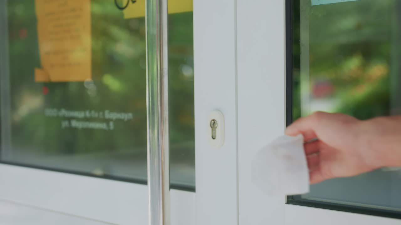 Hand Disinfects Door, Male Hand Cleans Door Handle, Individual Uses Napkin To Sanitize Door Grip Diligently, Male Individual Carefully Disinfects Door Handle Using Napkin To Ensure Cleanliness