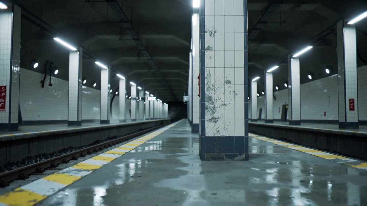 Telecamera in movimento che si sposta verso una colonna piastrellata su una piattaforma della metropolitana vuota, rivelando una scatola di emergenza rossa.