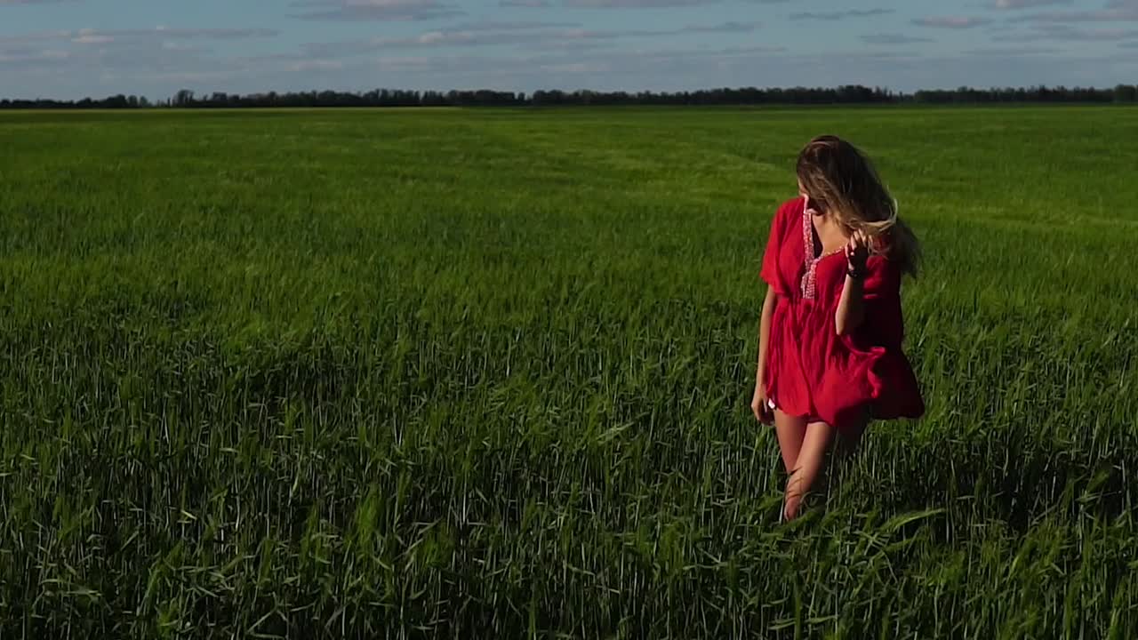 Woman in Red Dress Walking Through a Green Field