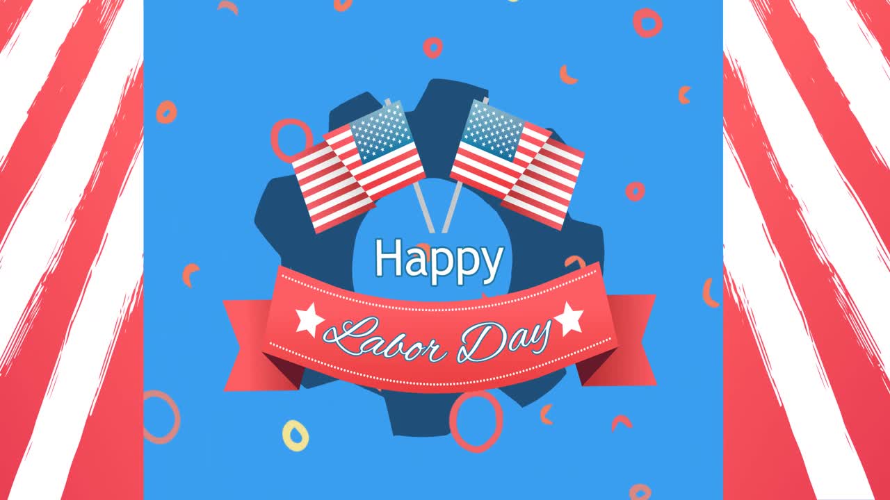 Animation of happy labor day celebration text over cog, star and american flags