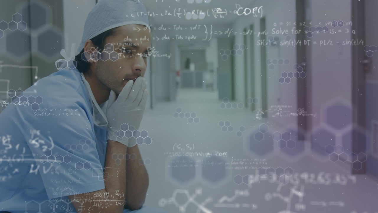 Animation of a surgeon with a mask ang gloves looking uncertain over formulas in a hospital hallway