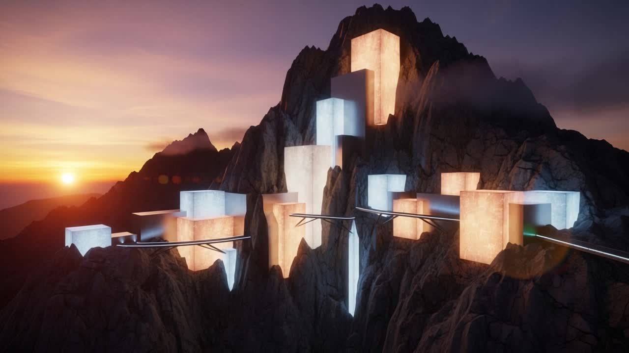 Breathtaking Mountain Landscape with Abstract Glowing Structures Illuminating the Natural Beauty at Sunset, Capturing the Essence of Nature and Modernity