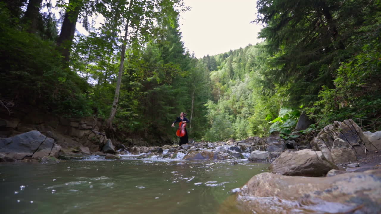 Lady with musical instrument in beautiful nature. Attractive woman in long black dress playing the cello in green forest with mountain river.