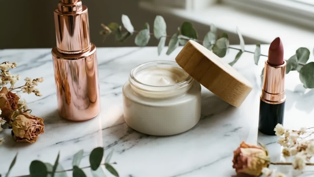 Prodotti per la cura della pelle e cosmetici esposti su superficie di marmo