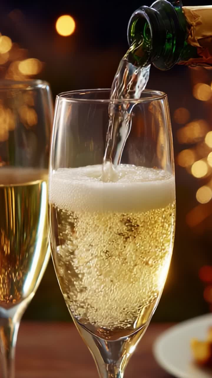 A Silky Stream of Effervescent Bubbles Cascades into a Flute Glass, Celebrating Moments of Joy with Bubbly Champagne in a Festive Atmosphere Surrounded by Twinkling Lights