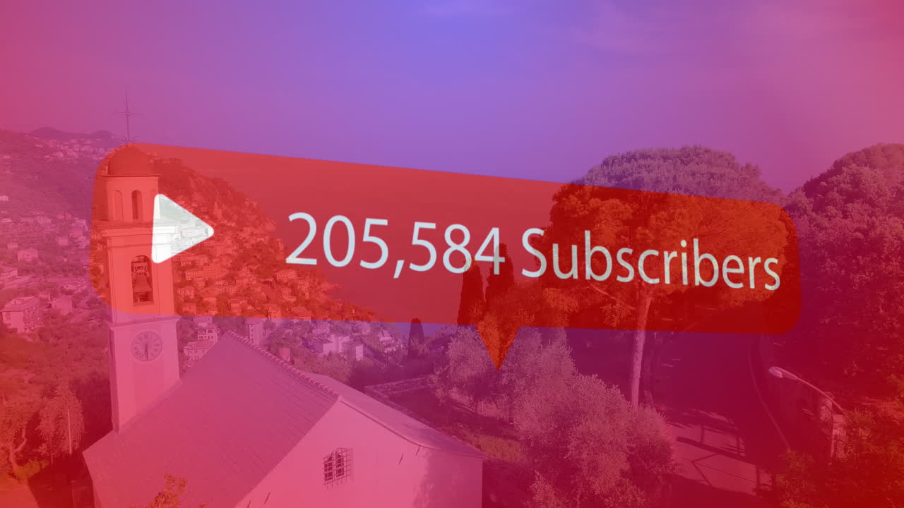 burbuja de habla con suscriptores texto con números crecientes contra el paisaje urbano