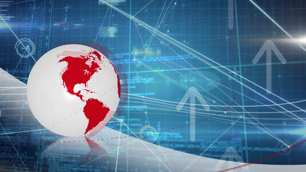 animación de iconos de flecha y globo giratorio contra la red de conexiones y procesamiento de datos.