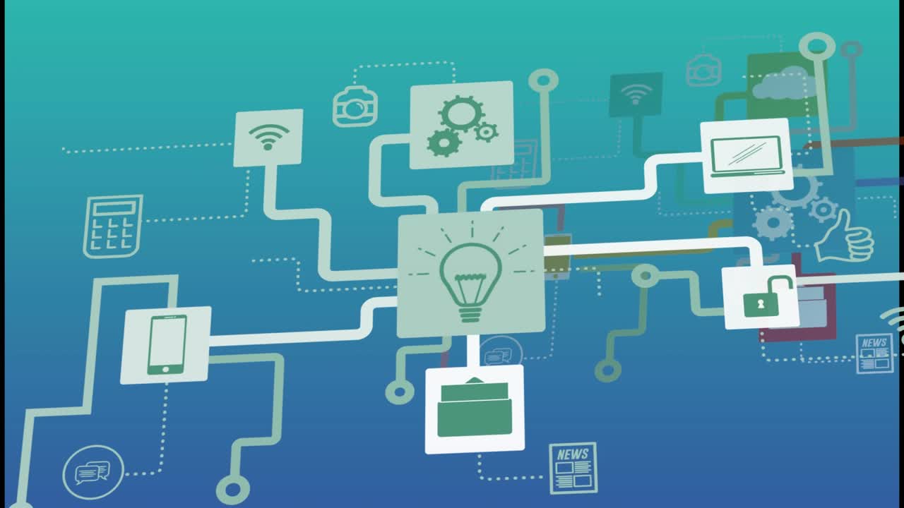 Animation of network of digital icons against blue gradient background