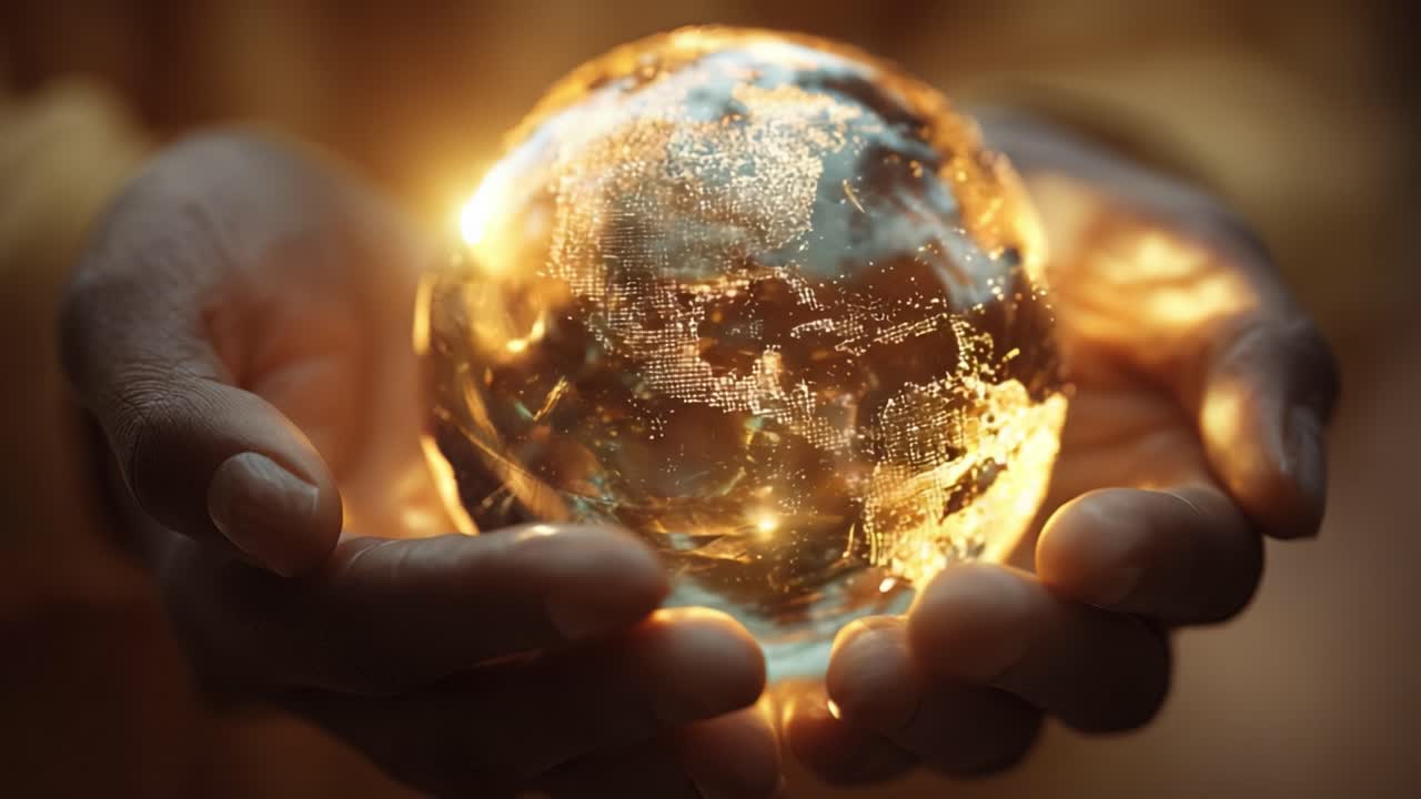 Cupped hands gently holding a glowing, transparent crystal ball showing a digital map of the world, representing concepts of globalization, care for the planet, and future technology