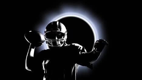 animation of silhouette of male rugby player throwing a ball over glowing ring on black background