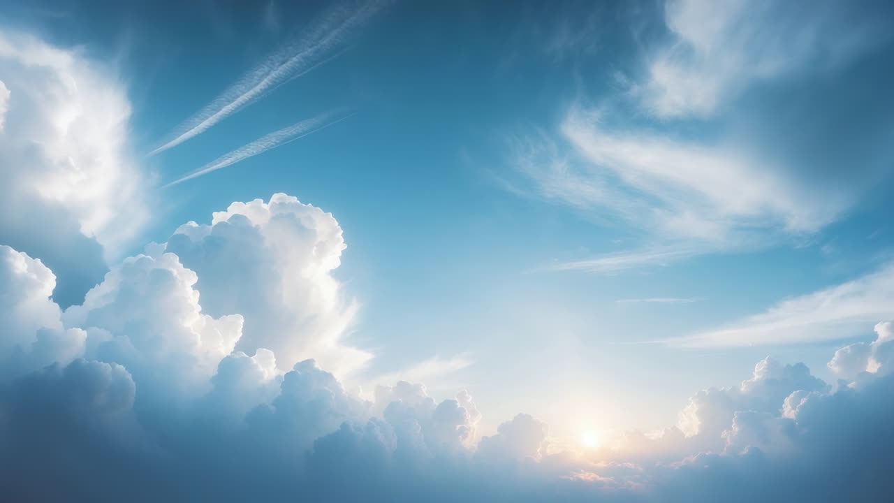 Heavenly Blue Sky with Fluffy Clouds and Bright Sunlight