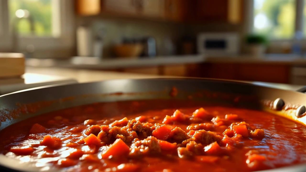 Vista aproximada de um ensopado de tomate borbulhante com vegetais picados e carne moída em uma frigideira rasa, posicionada no terço inferior de uma cozinha doméstica iluminada; quente.