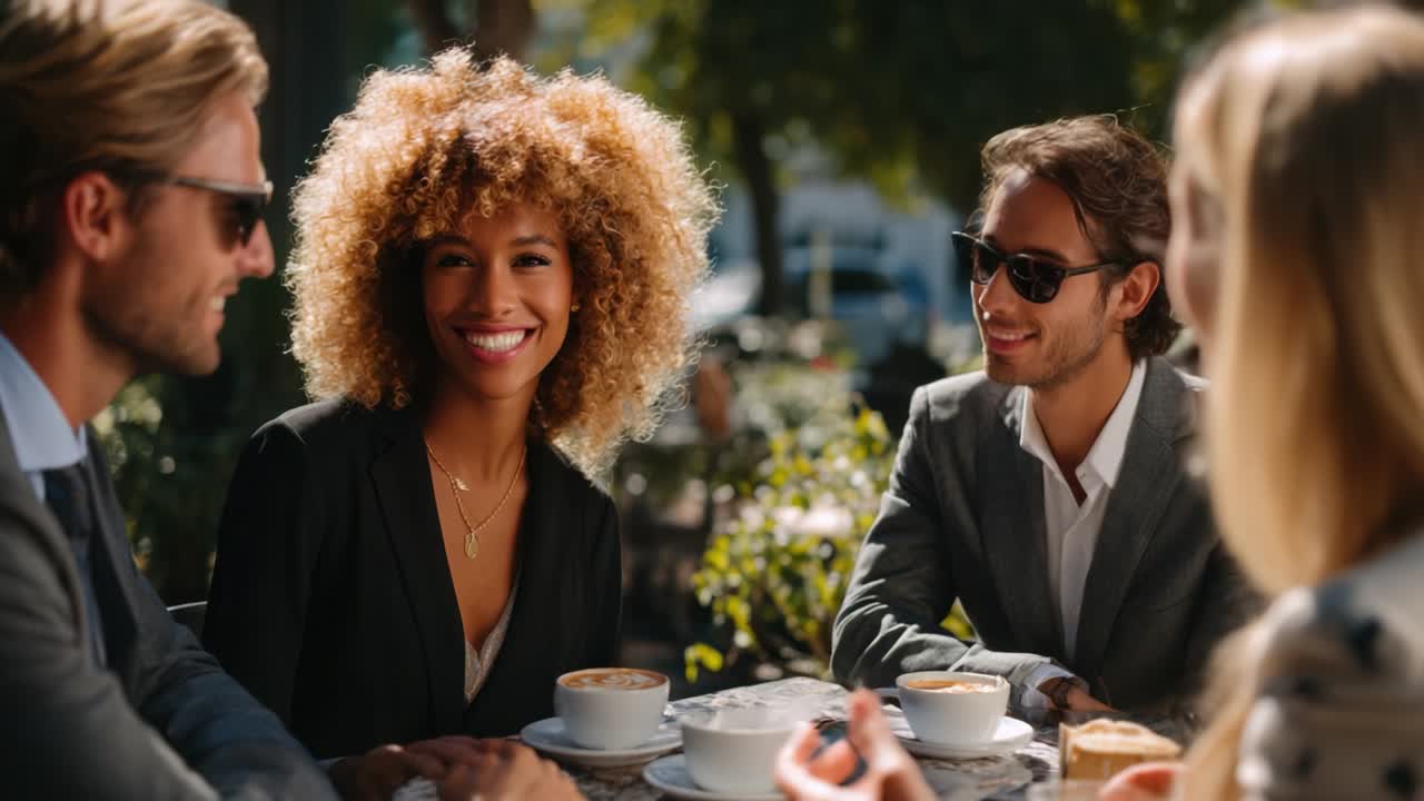 Business professionals enjoying coffee together outdoors