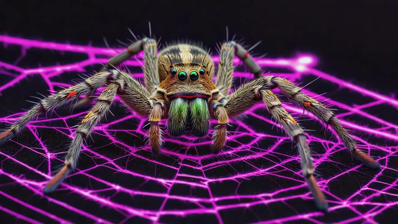 Detailed Macro Shot of a Jumping Spider on a Pink Web