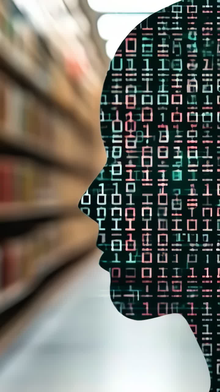 A head with a computer chip on it is in front of a library. The head is surrounded by bookshelves, and the books are arranged in rows. Concept of technology and knowledge