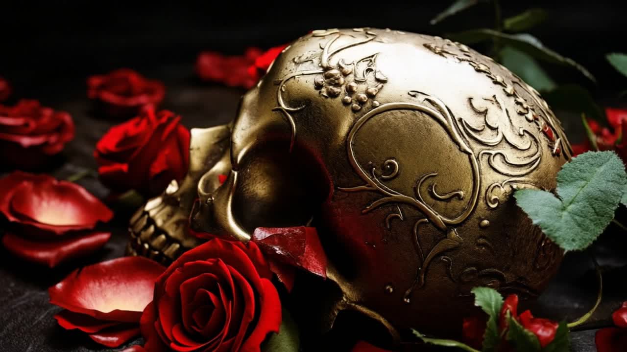 Golden human skull with engraved floral decorations surrounded by vibrant red roses and petals, creating a dramatic and symbolic still life composition