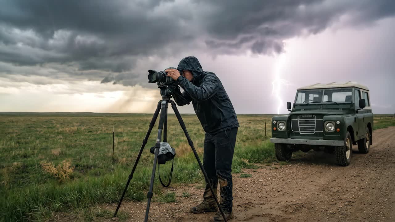 Fotógrafo capturando una espectacular tormenta eléctrica en un campo abierto