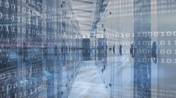 Animation of binary coding over server room