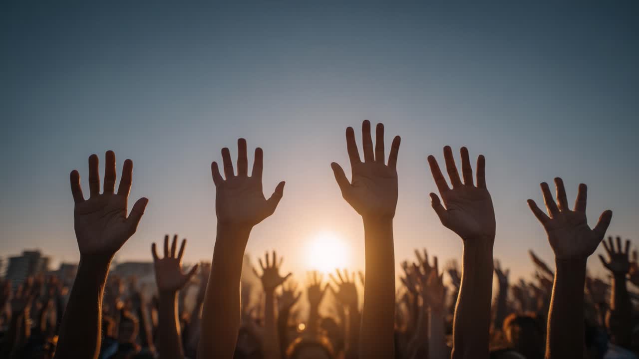 A crowd of enthusiastic individuals raise their hands in unison against a stunning sunset backdrop, expressing unity, energy, and collective emotion during a memorable gathering