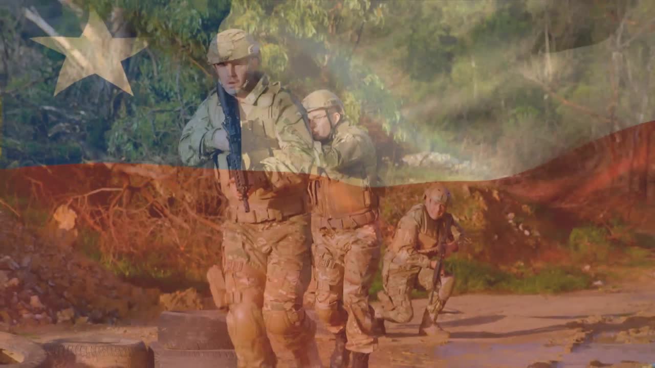 Animation of flag of chile over diverse soldiers
