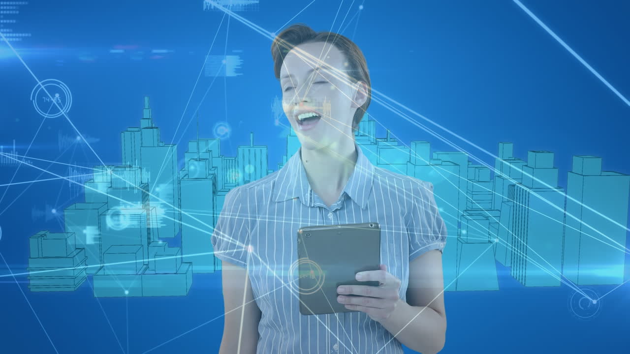 태블릿과 도시 풍경에 대한 연결 네트워크를 사용하여 코카시안 사업가의 애니메이션