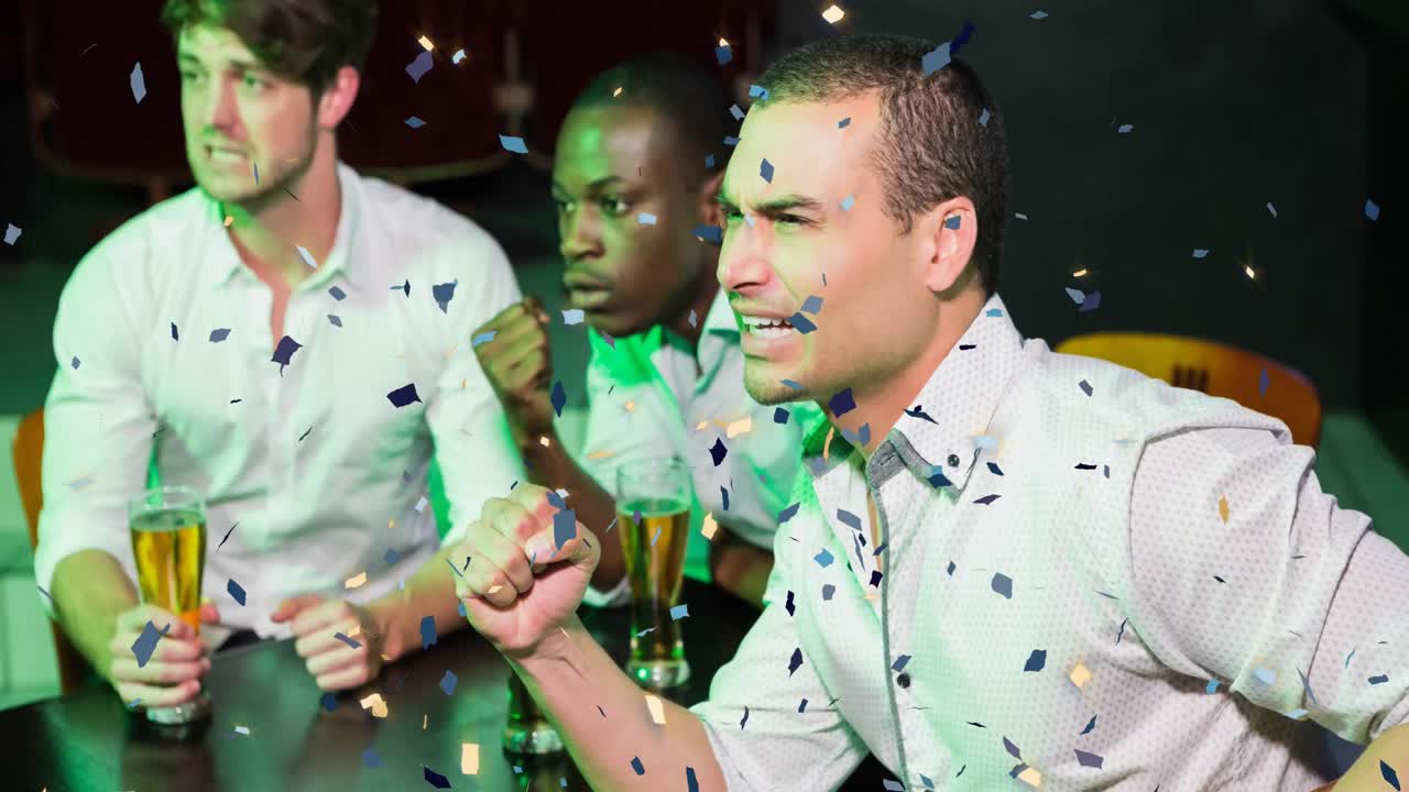 술집에서 술을 마시는 친구들의 행복한 다양한 그룹 위에 떨어지는 콘페티의 애니메이션
