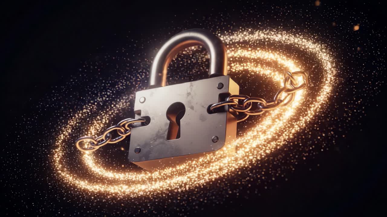 A Glimmering Combination of Protection and Security: This Stunning Visual Features a Metallic Padlock Enveloped in a Swirling Galaxy of Sparks and Chains