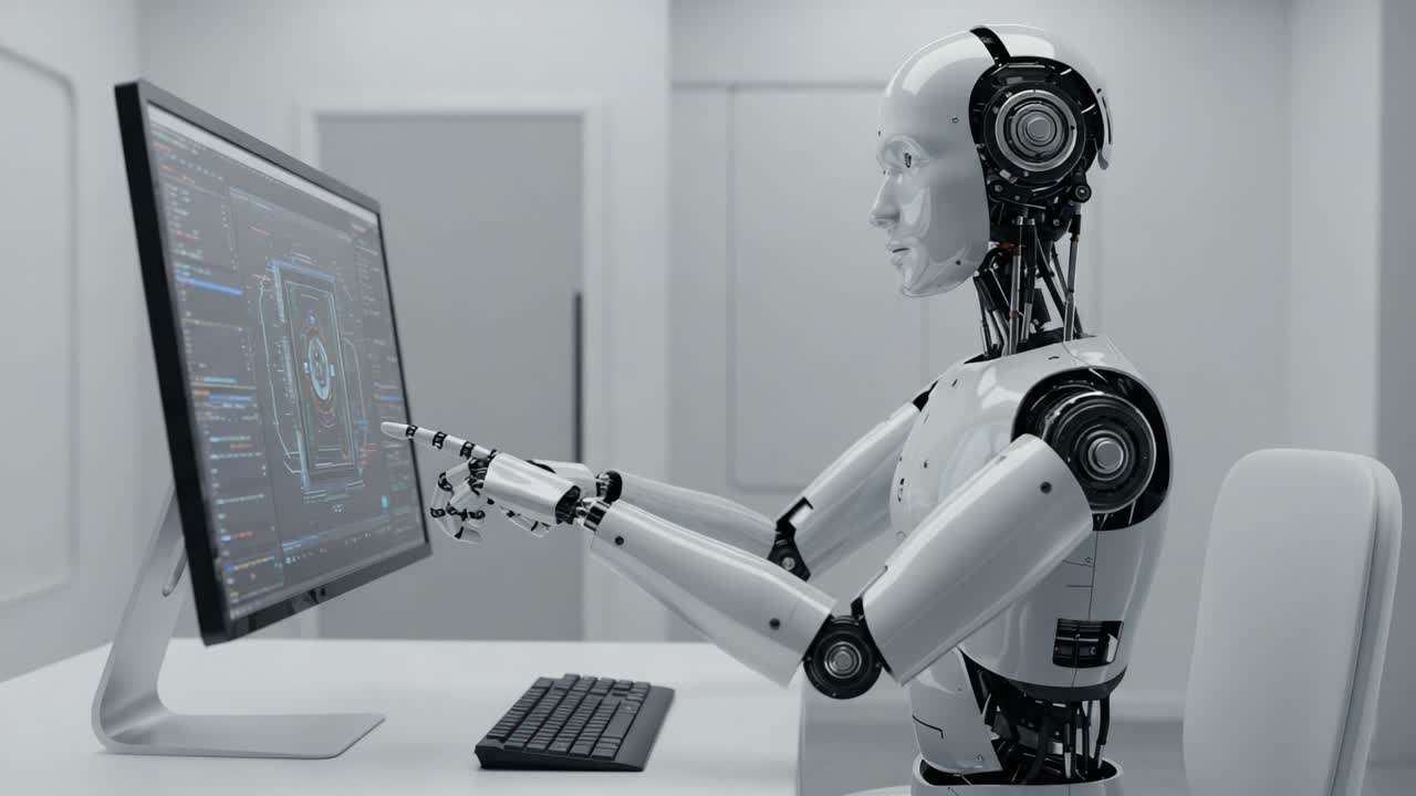 A humanoid robot interacts with a computer screen, engaged in a deep analysis of intricate codes and data, showcasing the fusion of technology and artificial intelligence
