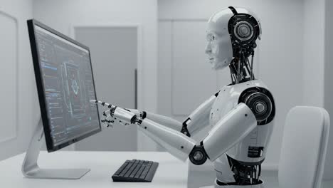 a humanoid robot interacts with a computer screen, engaged in a deep analysis of intricate codes and data, showcasing the fusion of technology and artificial intelligence