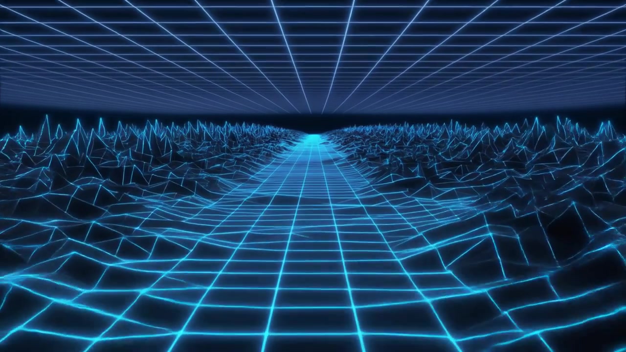 Paesaggio digitale in stile retro synthwave con griglia blu incandescente