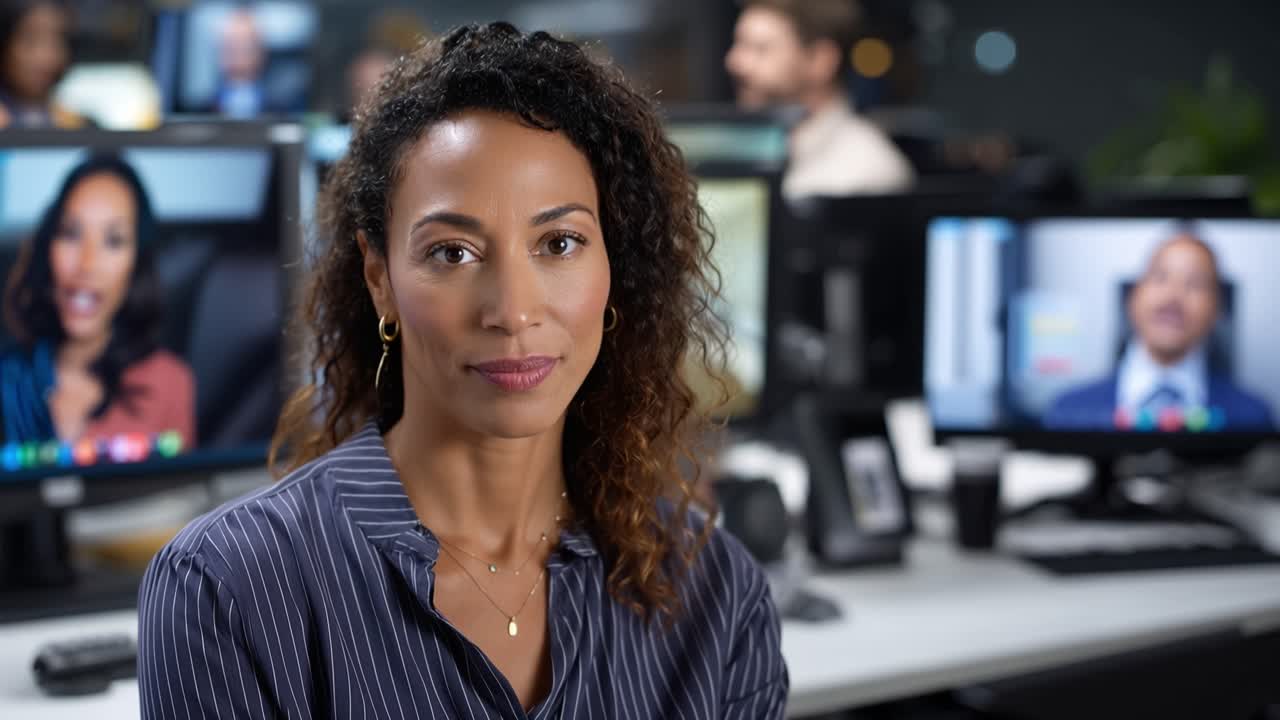 Kvinne smiler varmt til kamera. Kontorlokalet har flere skjermer og kolleger. Hun snakker mykt, engasjerer seere i profesjonelle omgivelser. Egnet for forretninger, bedrifter.