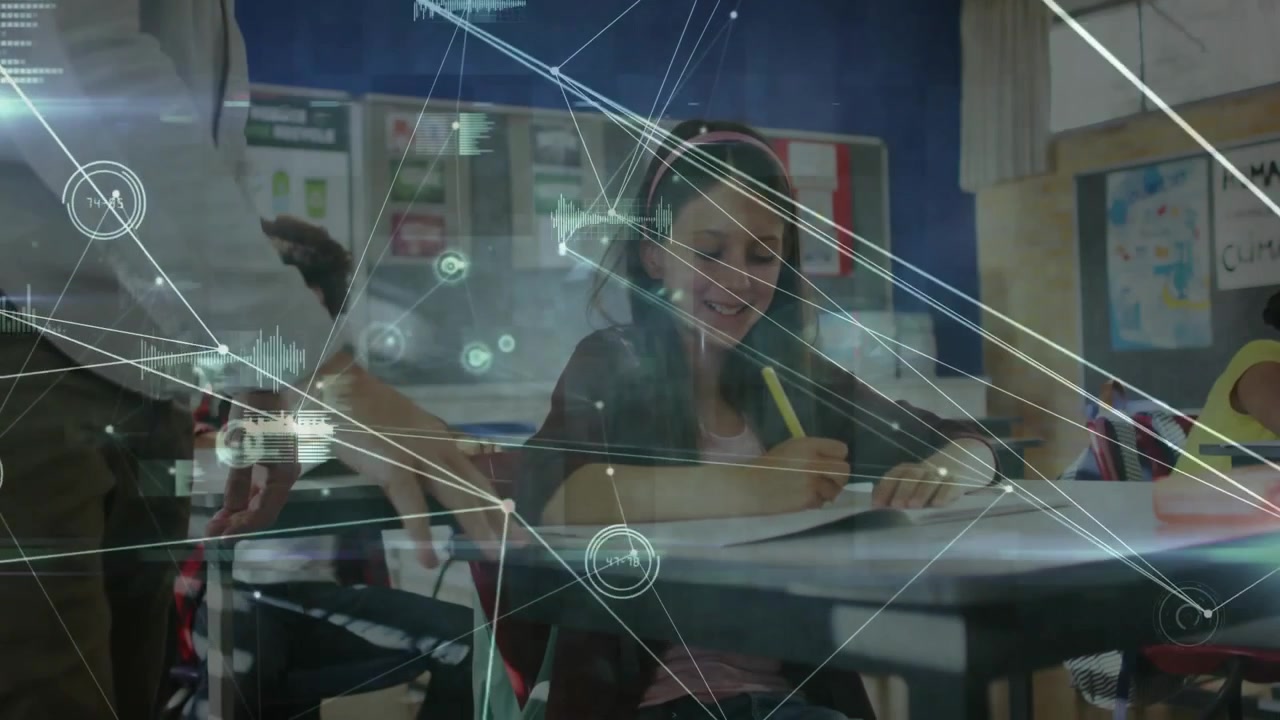 Teacher entering classroom and guiding student writing with network overlay on workbook page