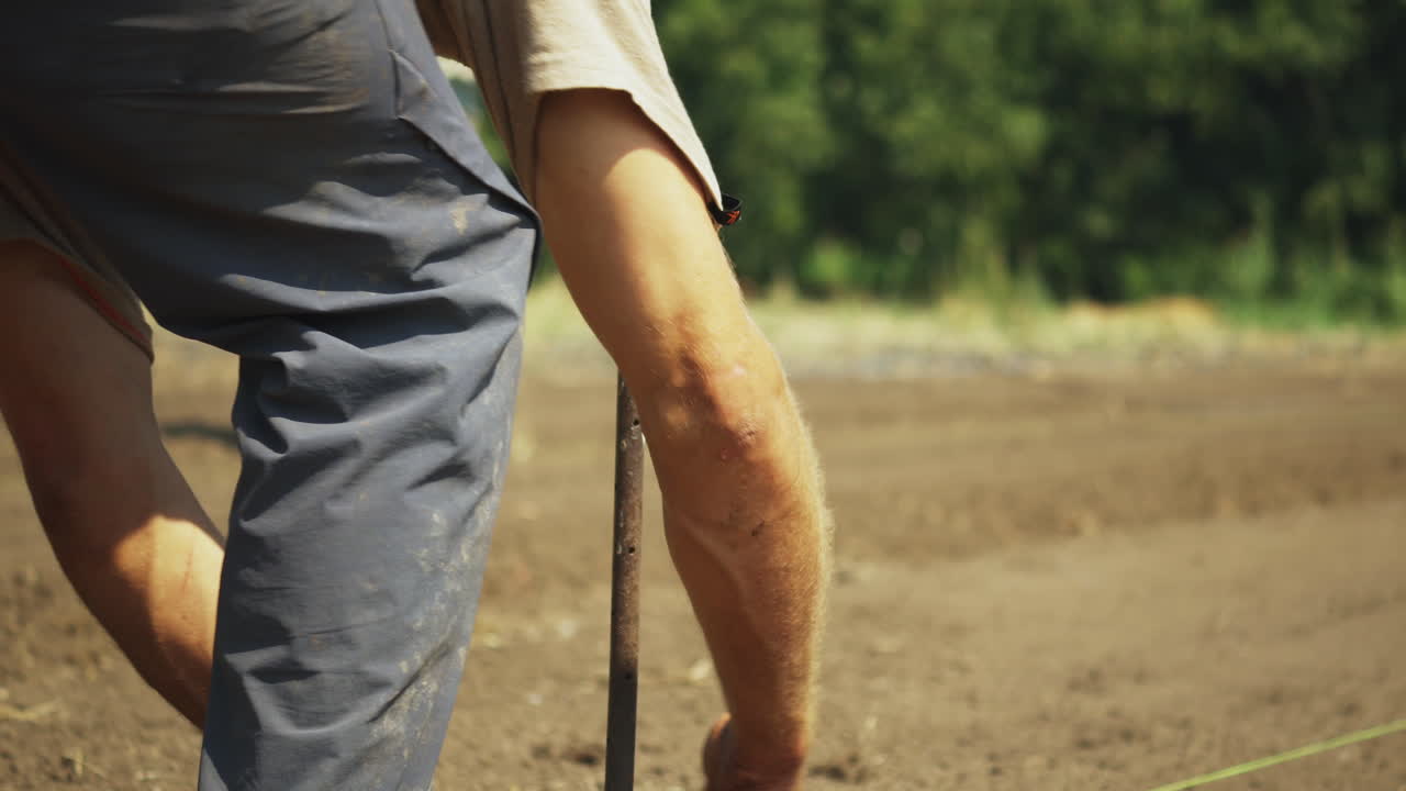 들판에서 쟁기의 길잡이 역할을 하는 말뚝에 끈을 묶는 농부, 시골 작업 개념