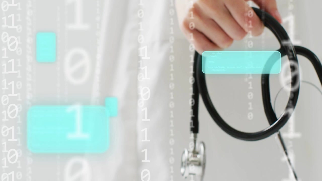 Estetoscopio entrando en el encuadre, haciendo que el doctor lo ajuste, mostrando tecnología médica con una superposición de interfaz de usuario binaria.