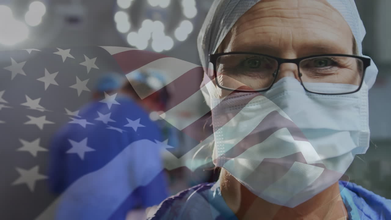 Animation of waving usa flag over portrait of caucasian male surgeon in surgical mask at hospital