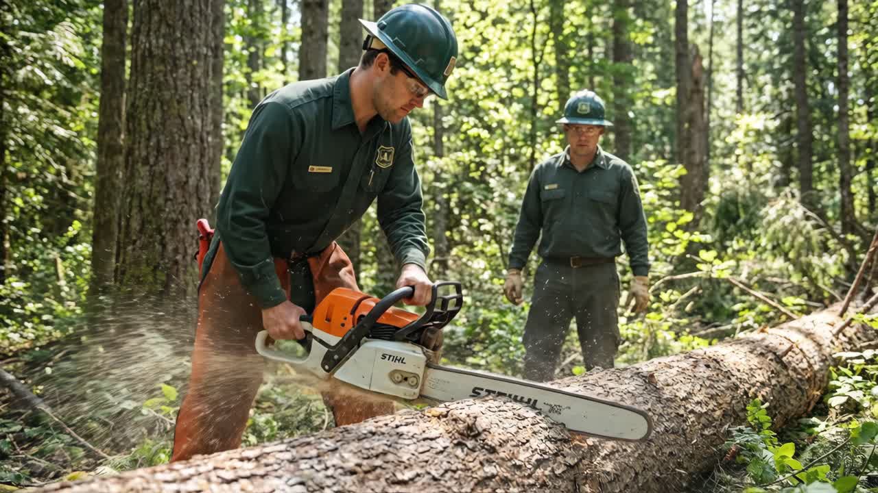Metsätyöntekijä sahaamassa kaatunutta puuta moottorisahalla työtoverin tarkkaillessa