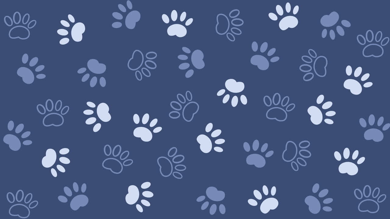 Pattern with footprints, abstract blue background for pet store websites. Looped monochrome animal animation.